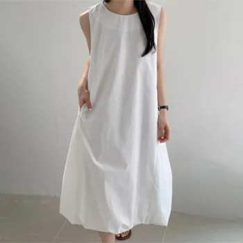 Летние женские платья 2023, повседневные простые однотонные платья без рукавов, свободное платье средней длины в корейском стиле