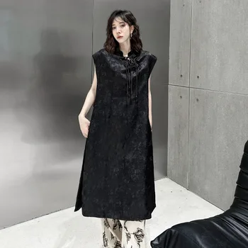 Женское черное платье Чонсам в китайском стиле, летняя уличная одежда 2023, Винтажные Готические Свободные повседневные платья без рукавов со стоячим воротником 9011