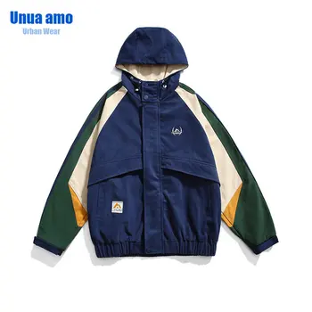 Мужская весенне-осенняя куртка с капюшоном в японском стиле в стиле ретро, Новая контрастная вышивка, свободное повседневное ветрозащитное спортивное пальто