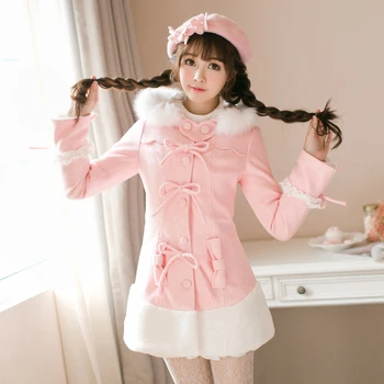 Принцесса сладкая лолита пальто Синди рейн зимний стиль Японская Милая принцесса кроличья шерсть воротник бабочка шерстяное пальто C22CD7210