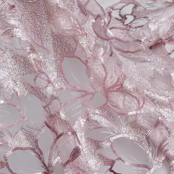 Высококачественная марлевая ткань с розовыми фиолетовыми блестками, большой цветок, трехмерная вышивка, ткань для шитья платья Чонсам