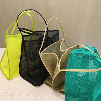 Женская сумка на одно плечо из прозрачной сетки ins wind 2021, модная легкая универсальная сумка для покупок, пляжная сетчатая сумка