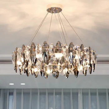 Современные роскошные хрустальные люстры для гостиной, обеденный стол, креативная круглая подвесная лампа для помещений, дымчато-серый декоративный светильник