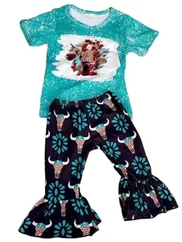 Летние Короткие наряды в стиле Вестерн для маленьких девочек от фабрики Bull Комплекты с цветочным принтом Сапфирово-Бирюзовый Топ
