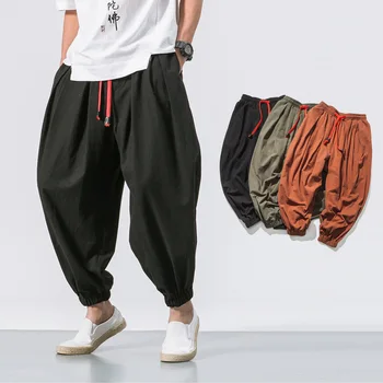 Повседневные свободные брюки в китайском стиле Плюс Размер, мужские хлопчатобумажные льняные шаровары Autumu Harajuku, Однотонные брюки Уличная одежда