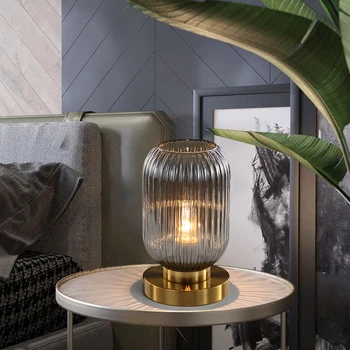 Настольные лампы из Скандинавского дымчато-серого стекла LED Современная прикроватная тумбочка для гостиной спальни Освещение для внутреннего декора Креативный светильник Настольная лампа E27