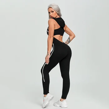 Женская спортивная одежда для йоги и тренажерного зала, сексуальный спортивный костюм с открытой спиной, тонкие спортивные комплекты для фитнеса со шляпой, Белый Черный тренировочный комбинезон с подкладкой