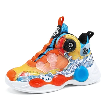 Детская обувь, модная баскетбольная обувь для мальчиков, дышащие детские кроссовки с поворотной кнопкой, кроссовки для бега для мальчиков, обувь на плоской подошве