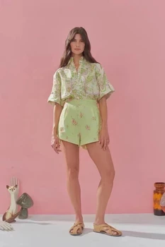 Высококачественные летние женские комплекты с цветочным рисунком 2023, блузка и шорты, праздничные комплекты из 2 предметов.
